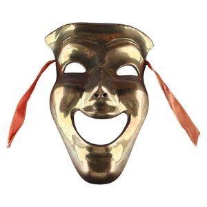 Vintage Solid Brass Comedy Theater Mask Wall Hanging India 7" Ribbon